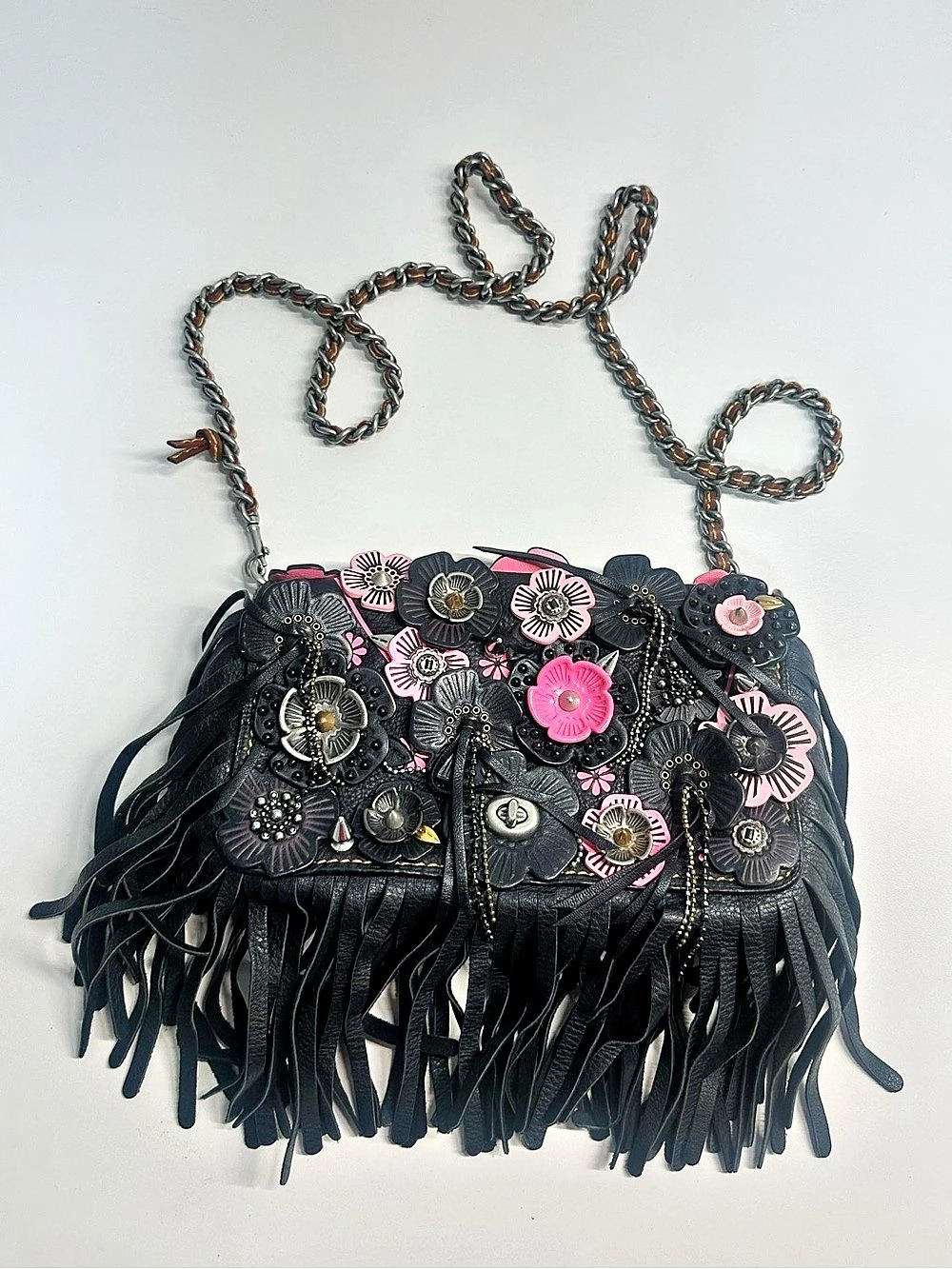 Coach 1941 Wild Tea Rose Fringe Dinky Bag Black & Pink